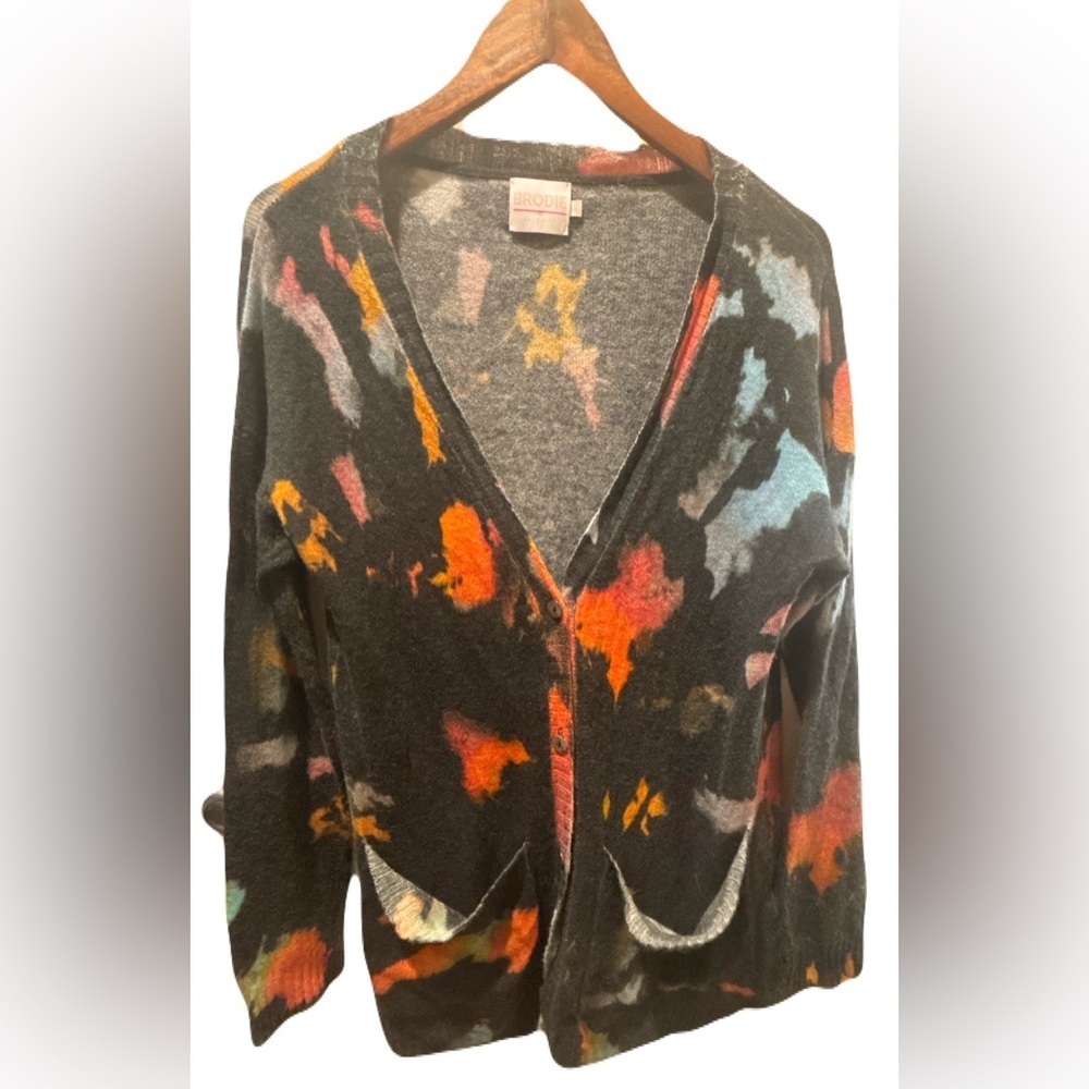 Brodie 100% Cashmere Paint Splatter Cardigan Abstract Print spring light layer - Picture 4 of 8